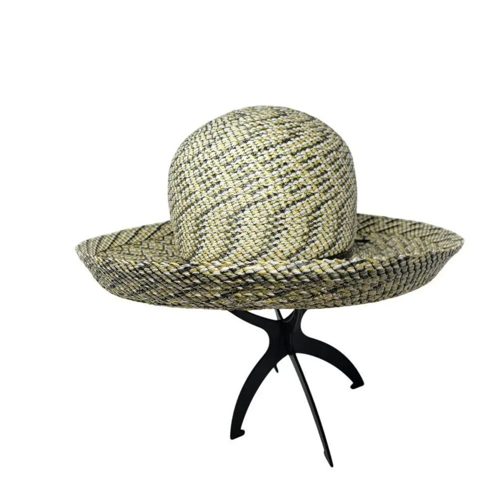 Vtg 60s Terry B. Womens Woven Straw Sun Hat Yellow Checkered Black Bow Retro - Picture 4 of 8